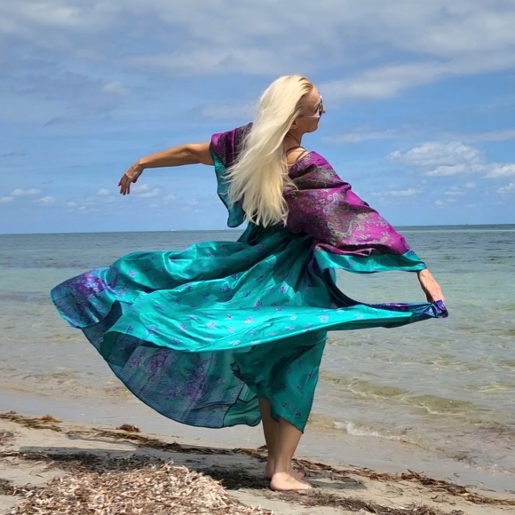 Handprinted Silk Authentic Designer Kimono Batik Long Maxi Dress Luxury Resort - Picture 8 of 16